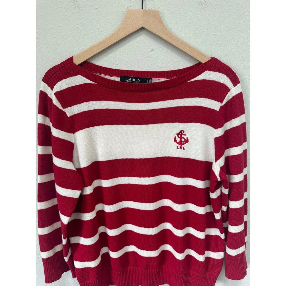 Lauren Ralph Lauren‎ Sweater Womens XL Red White Striped Nautical Anchor Preppy